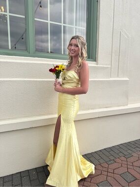 Jovani Pale Yellow Strapless Sweetheart Prom Gown with High Slit